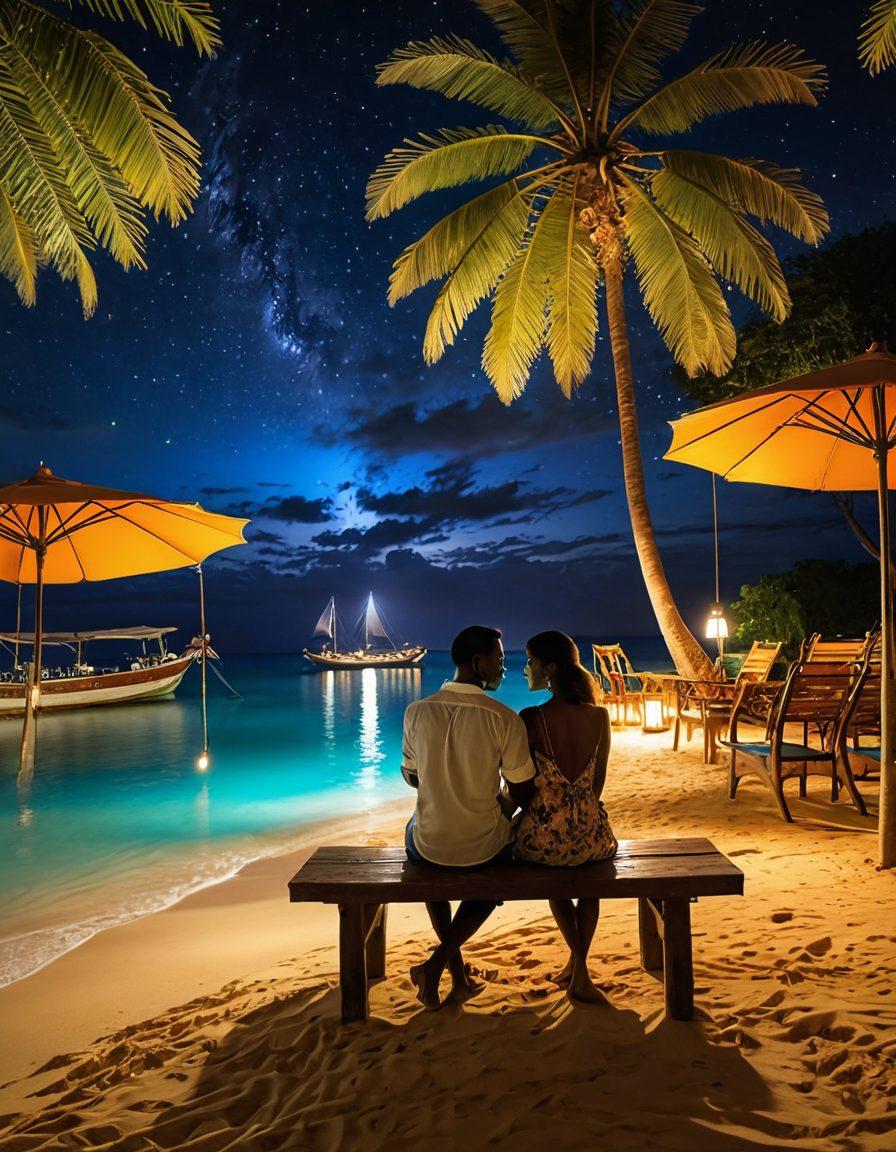 A captivating scene that transitions from the vibrant nightlife of Nairobi with its colorful lights and busy streets, blending into the serene, pristine beaches of Zanzibar with soft sands and turquoise waters. Incorporate couples engaging in joyful moments under a starlit sky, showcasing intimacy and connection. Include elements like local delicacies and traditional music instruments woven into the background. The overall mood should exude warmth, passion, and relaxation. super-realistic. vibrant colors.