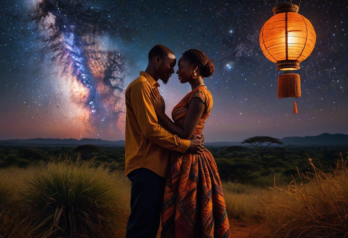A vibrant scene depicting a couple embracing under a starry night sky in East Africa, surrounded by lush landscapes and wildlife, symbolizing intimacy and connection. Include traditional African patterns and textiles in their clothing to celebrate the cultural richness. Capture the warmth of their smiles and the glow of lantern light, evoking a sense of passionate pleasure. Artistic style: super-realistic, vivid colors, and detailed textures.