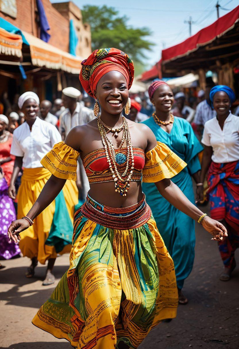 A vibrant and colorful scene depicting a lively street market in Africa, showcasing diverse performers entertaining a cheerful crowd, featuring traditional dance and modern styles intertwined, with a playful and flirtatious atmosphere. Include elements of African culture, rich textiles, and dynamic expressions highlighting joy and creativity. super-realistic. vibrant colors. 3D.